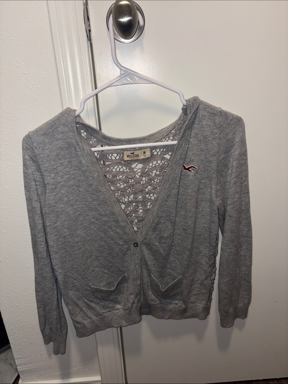 Hollister Light Gray Crochet-Back Cardigan